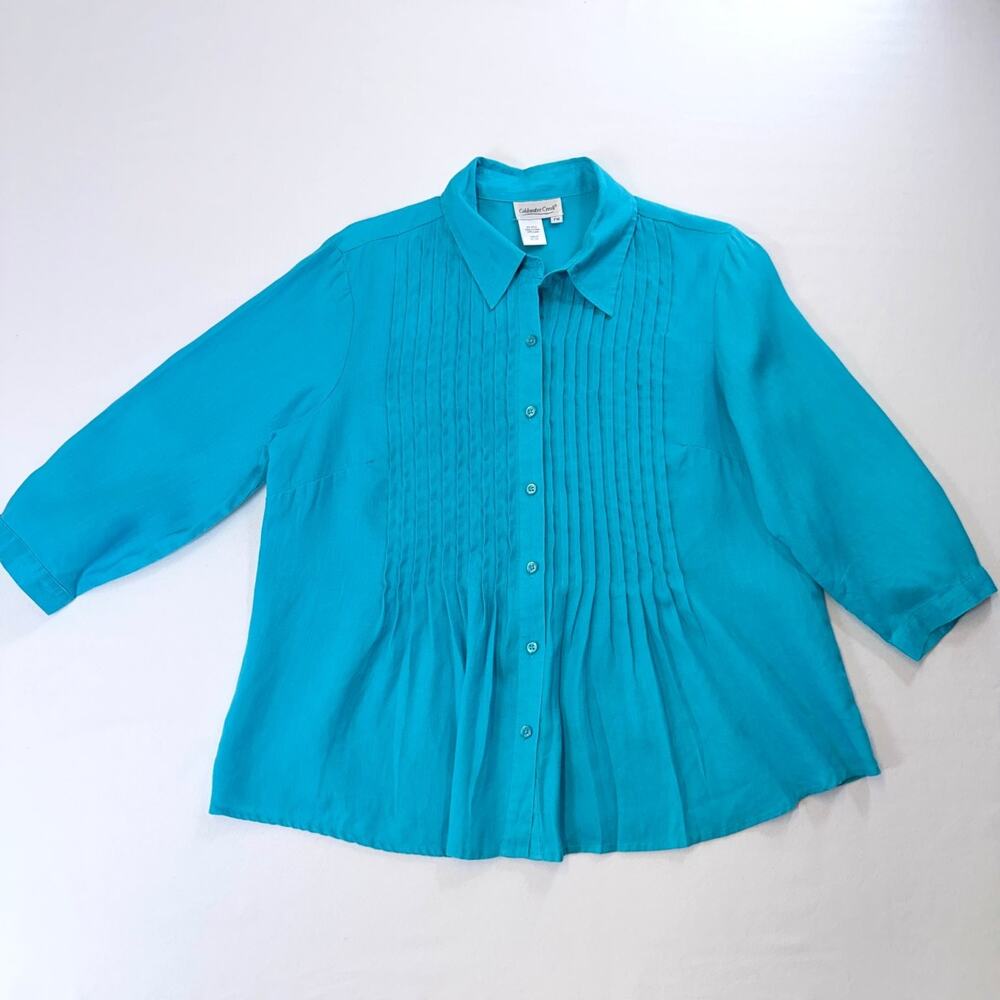 Coldwater Creek Women's PM Teal Linen Pintuck 3/4 Sleeve Button Front Blouse Top